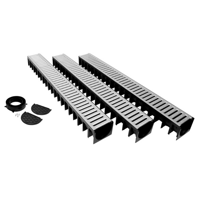 An image of the Galvanised Lid/Grate Garage Drainage Kits. They are in 3x 1m strips and come with end caps.