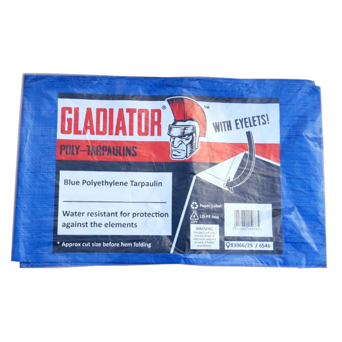 Image of a blue Gladiator Tarpaulin in its original packaging against a white background.