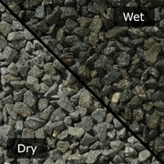An image of Green Granite gravel stones with a diagonal split down showing them wet and dry