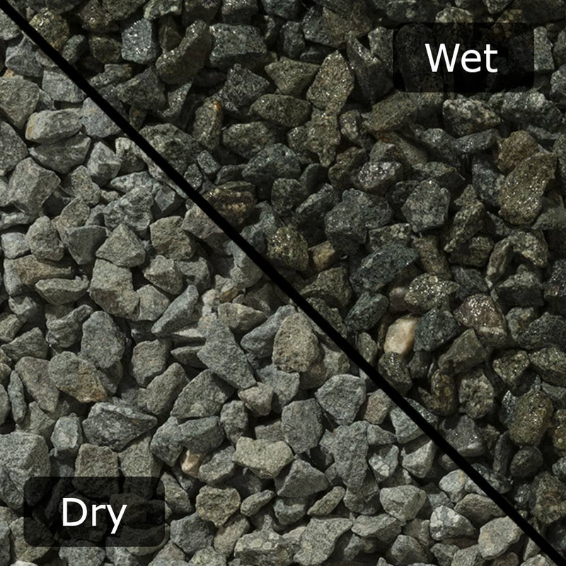 An image of Green Granite gravel stones with a diagonal split down showing them wet and dry