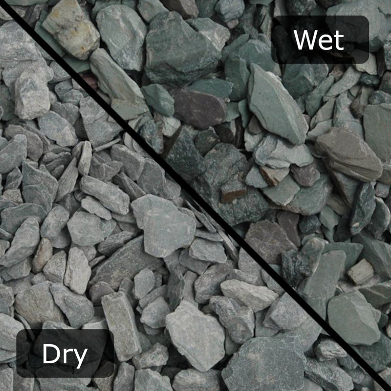 An image of Green Slate Gravel shown when wet and dry