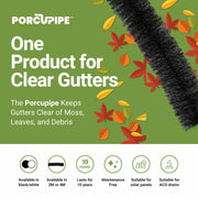 An image showing a Porcupipe Gutter Brush Guard System and some of the features. Lasts for 10 years Maintenance free, Suitable for solar panels, suitable for ACO drains.