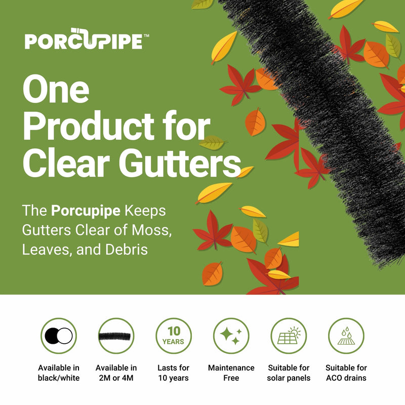 An image showing a Porcupipe Gutter Brush Guard System and some of the features. Lasts for 10 years Maintenance free, Suitable for solar panels, suitable for ACO drains.