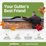 An image of a Porcupipe Gutter Brush Guard System showing sp,e of the benefits, Low effort, Versatile, Suits your needs, durable.
