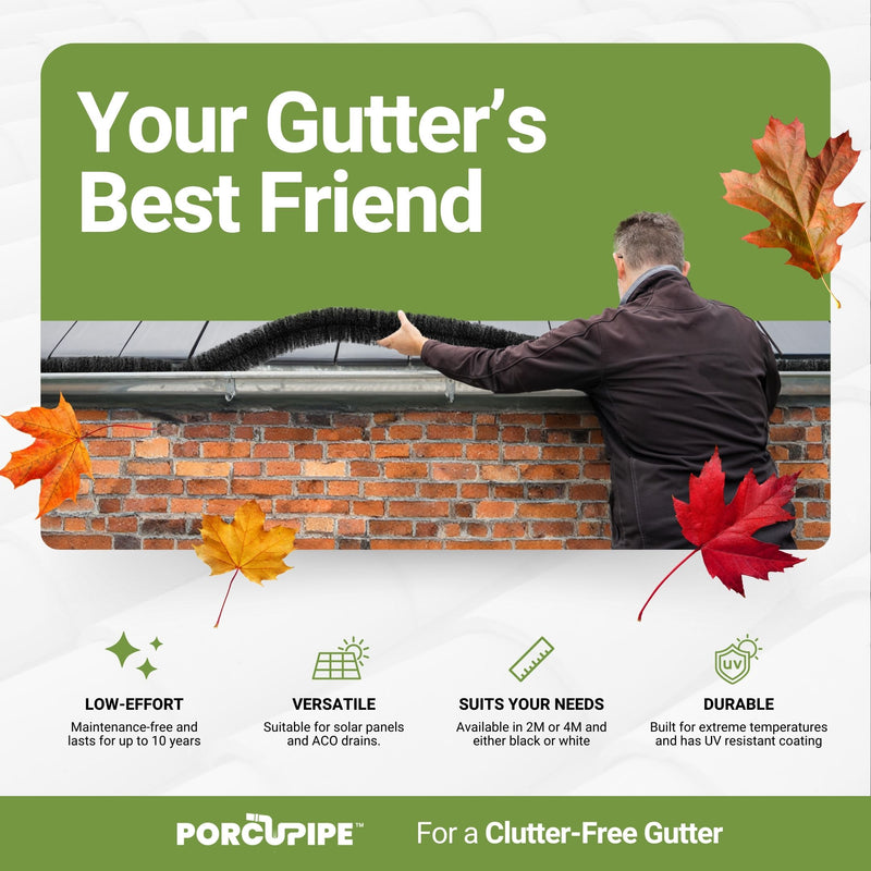 An image of a Porcupipe Gutter Brush Guard System showing sp,e of the benefits, Low effort, Versatile, Suits your needs, durable.