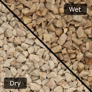 An image of Heritage Quartz gravel stones with a diagonal split down showing them wet and dry