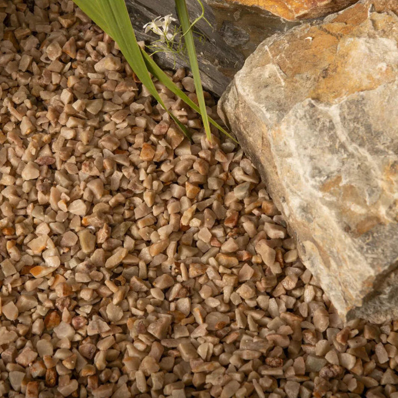 An image of Heritage Quartz gravel stones laid in a garden to show what they look like when wet,