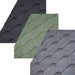 An image of the different colours of IKO 3 Tab Armourshield Hexagonal Roofing Shingles. They are Black, Granite Grey and Amazon Green