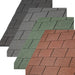 An image of the different colours of IKO 4 Tab Armourglass Roofing Shingles. They are Black, Slate Grey, Tile Red and Amazon Green