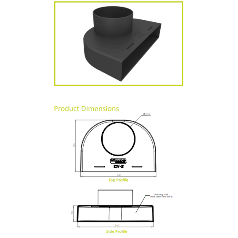 An image of an Inline Slate Vent Adapter information and dimensions