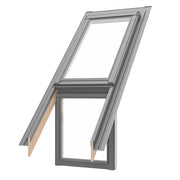 An image showing a Dakea Slate Flashing For Vertical Fixed Roof Windows - KSN. The image shows what it looks like when installed onto a roof with an overhanging roof on either side of the window.