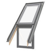 An image showing a Dakea Universal Flashing For Vertical Fixed Roof Windows - KUN when installed on a roof window that also has an overhanging roof on either side of the window.