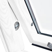 An image showing a close up of a Dakea Secure White Centre Pivot Roof Window in white KAQ B1010Q and the locking mechanism 