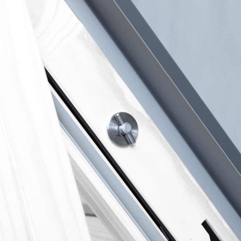 An image showing a close up of a Dakea Secure White Centre Pivot Roof Window in white KAQ B1010Q and the locking mechanism 