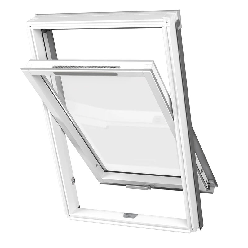 An image showing a Dakea Secure White Centre Pivot Roof Window in white KAQ B1010Q