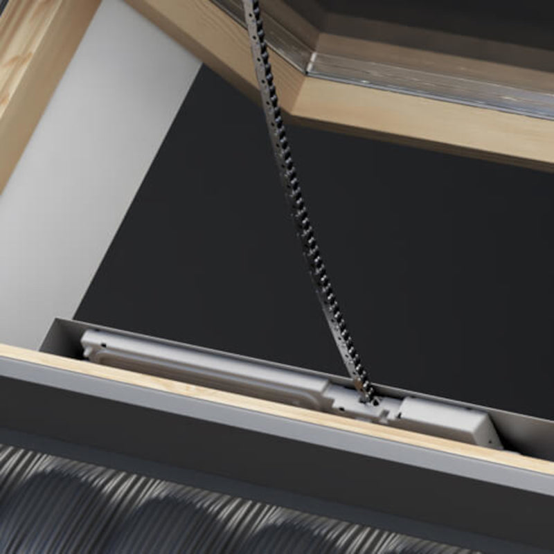 An image showing a Dakea SMOKE VENT ENERGY Roof Window - KAS B1600 S6A with a wood finish