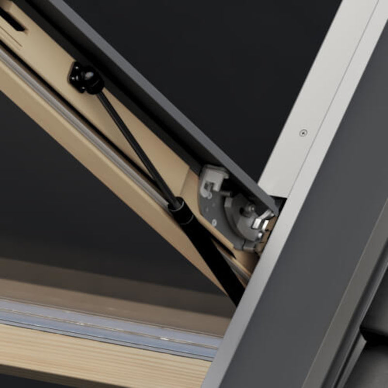 An image showing a close up on the secure hinges of a Dakea SMOKE VENT ENERGY Roof Window - KAS B1600 S6A with a wood finish