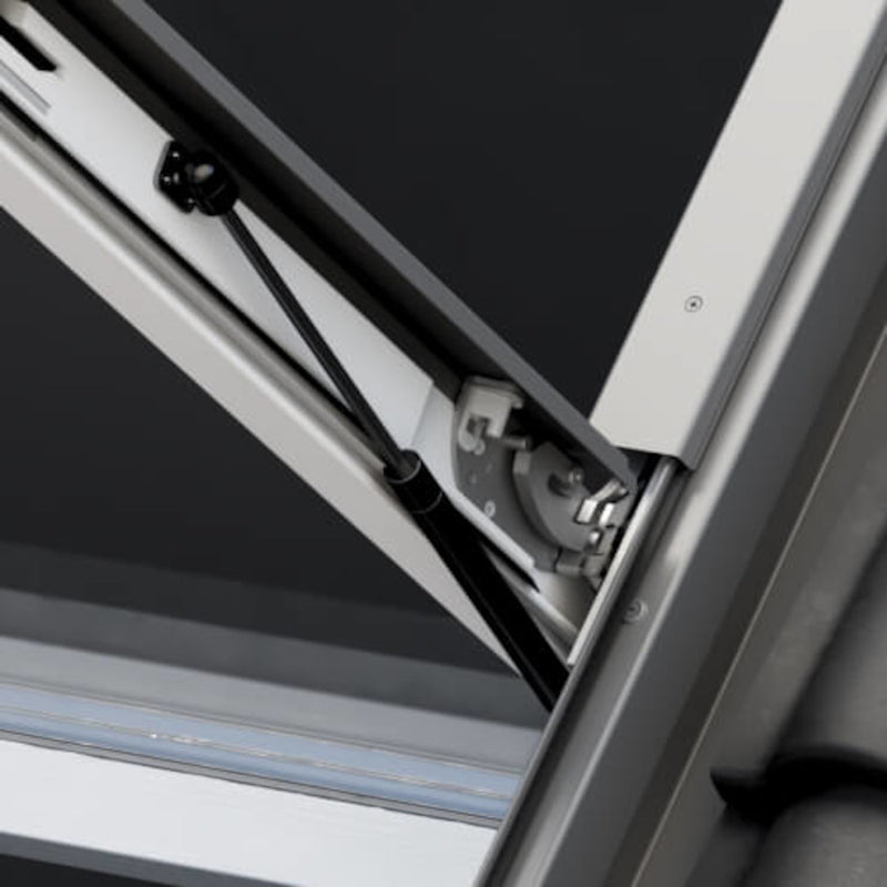 An image showing a close up on the secure hinges of a Dakea SMOKE VENT ENERGY Roof Window - KAS B1010