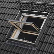 An image showing a Dakea SMOKE VENT ENERGY Roof Window - KAS B1600 S6A with a wood finish and  wind deflector KWU and what it looks like from the outside.