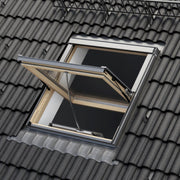 An image showing a Dakea SMOKE VENT ENERGY Roof Window - KAS B1600 S6A with a wood finish and what it looks like from the outside.