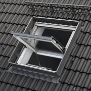 An image showing a Dakea Smoke Vent Energy Window for Sloped Roofs in White - KAS B1010 and what it looks like from the outside with a wind deflector fitted - KWU