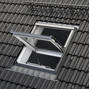 An image showing a Dakea Smoke Vent Energy Window for Sloped Roofs in White - KAS B1010 and what it looks like from the outside.