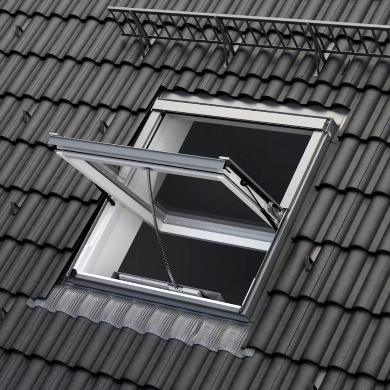 An image showing a Dakea Smoke Vent Energy Window for Sloped Roofs in White - KAS B1010 and what it looks like from the outside.