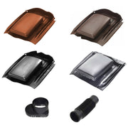 An image of the different colours of Klober Universal Tile Vent and Cap, including Brown, Red, Grey and Black. Also has an image of the optional soil Mechanical pipe and adaptor