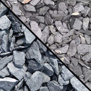 An image showing Lakeland Blue Slate Stone Aggregate Gravel. The image is split horizontally to show the difference between wet and dry.