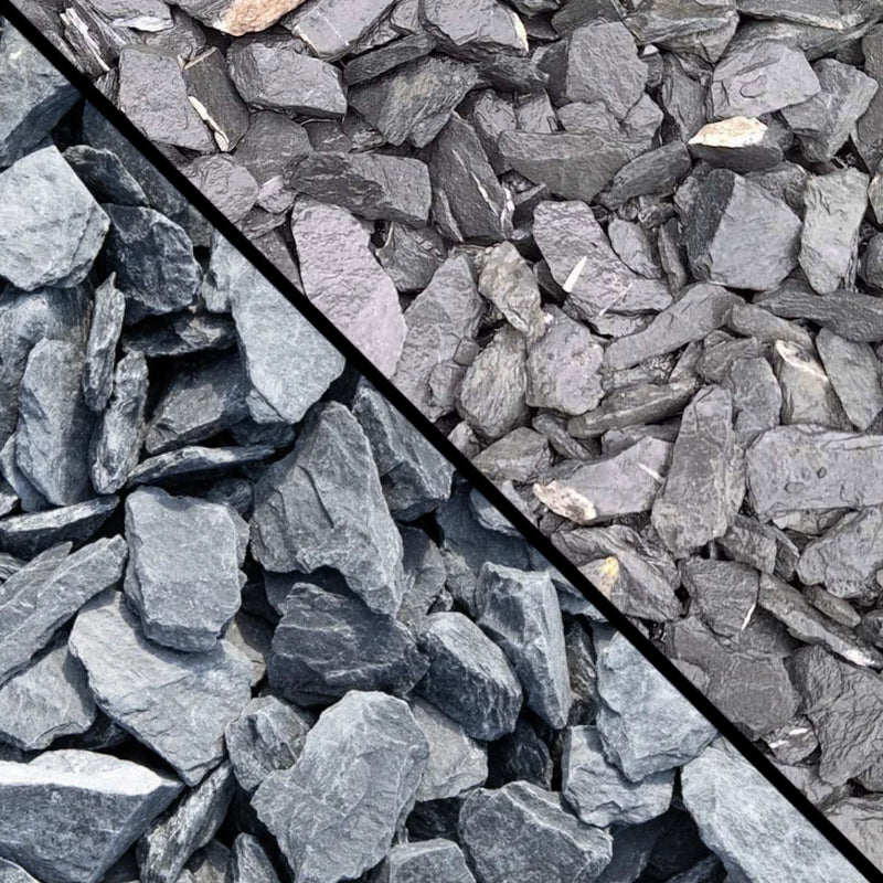 An image showing Lakeland Blue Slate Stone Aggregate Gravel. The image is split horizontally to show the difference between wet and dry.