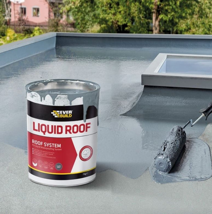 An image of a tin of Everbuild Aquaseal Liquid Roof being applied to a roof with a roller