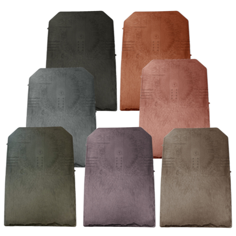 An image of the different colours for a Britmet LiteSlate Tile. Amethyst, Ash, Charcoal, Oak, Slate Grey, Sage Green, Tudor Brown.