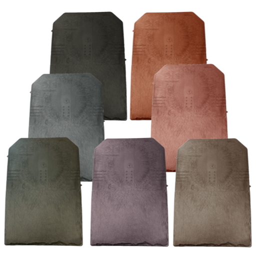 An image of the different colours for a Britmet LiteSlate Tile. Amethyst, Ash, Charcoal, Oak, Slate Grey, Sage Green, Tudor Brown.