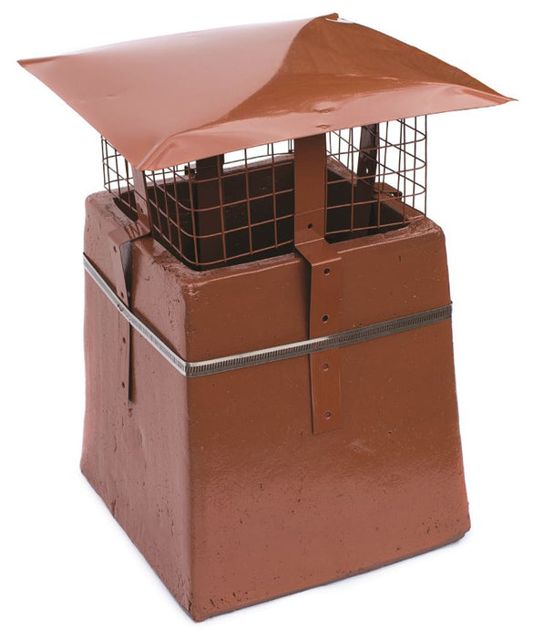 An image of a MAD Square Birdguard that is Terracotta. It is on top of a Chimney to show what it looks like.