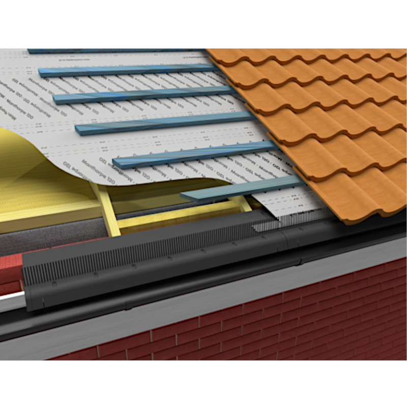 An illustration of there a Manthorpe 3 in 1 Roof Eaves Ventilation Tray is fitted on a roof.