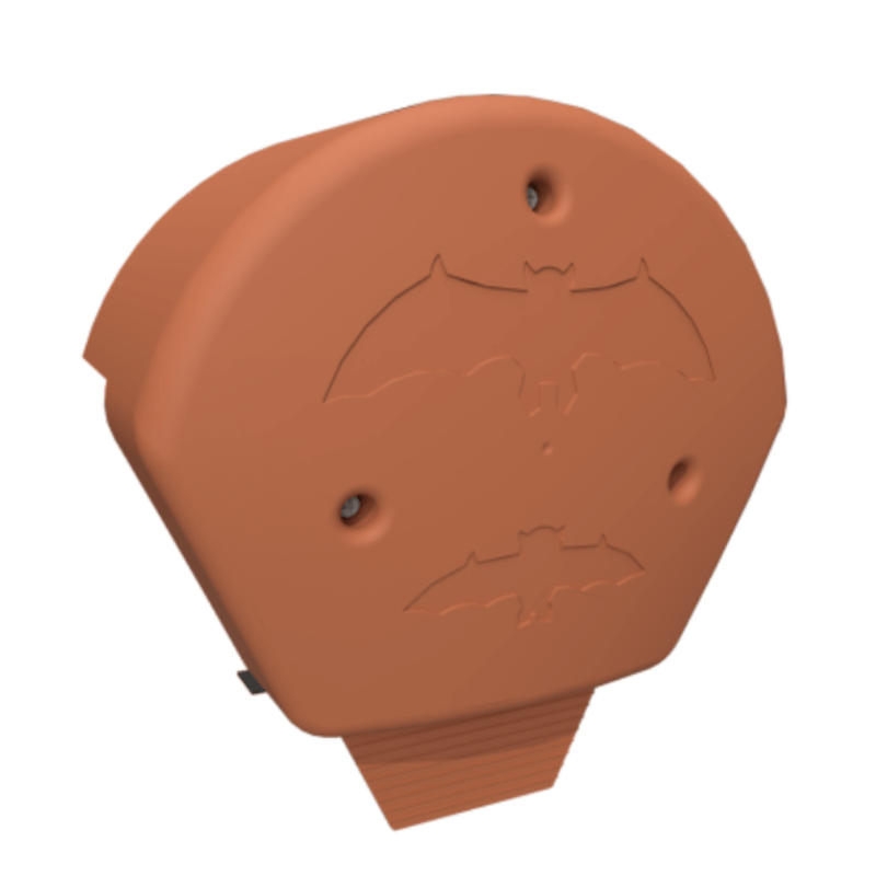 Image of a Terracotta Bat Box Ridge End Cap to show what they look like with two different size bat logos on them,.