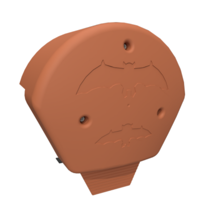 Image of a Terracotta Bat Box Ridge End Cap to show what they look like with two different size bat logos on them,.