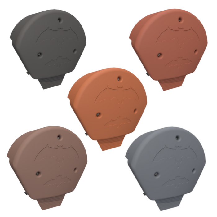 Image of 5 Bat box ridge end caps and the colours they are supplied in. Black, Slate Grey, Antique Red, Terracotta and Brown.