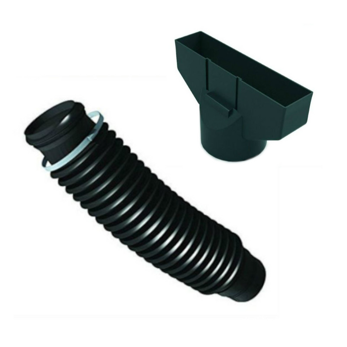 An image of Manthorpe Flexi Pipe and also the Flexi Pipe Adaptor. They are both Black.