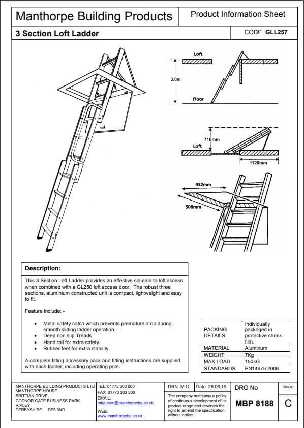 An image of a Manthorpe GLL257 3 Section Loft Ladder instructions