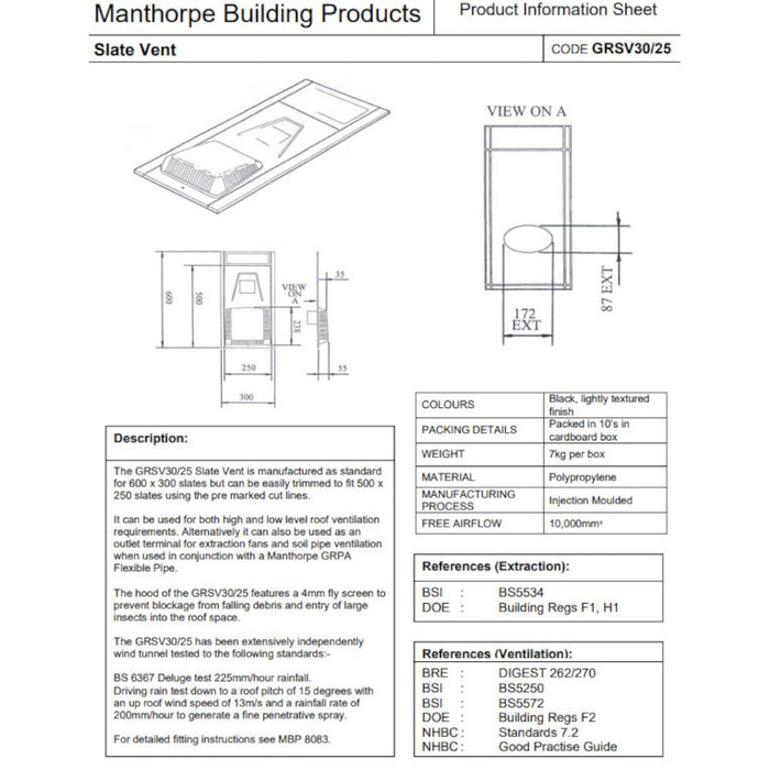 An image of a Manthorpe Hooded Slate vent with the dimensions to show the size.