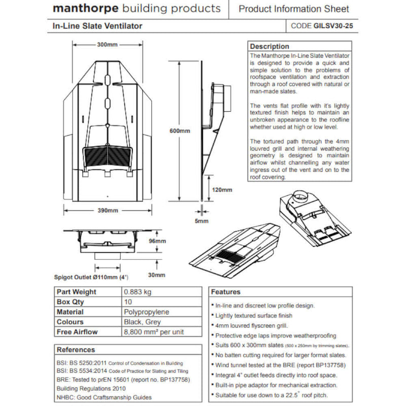 An image of a Manthorpe Inline Slate vent with the dimensions to show the size.