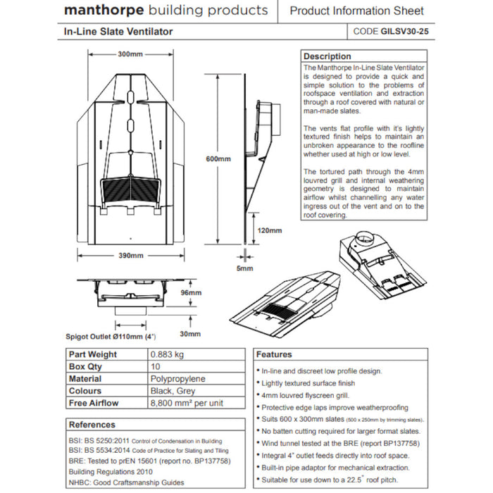 An image of a Manthorpe Inline Slate vent with the dimensions to show the size.
