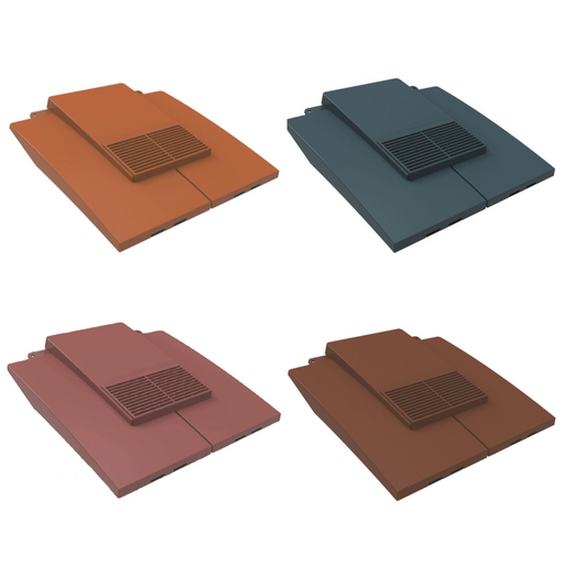 An image of Manthorpe Plain Tile Vents in four colours. Terracotta, Brown, Antique Red and Slate Grey.