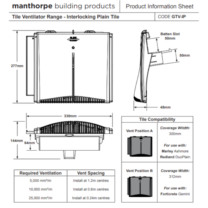 An image of the dimensions of a Manthorpe Interlocking Plain Tile Vent.