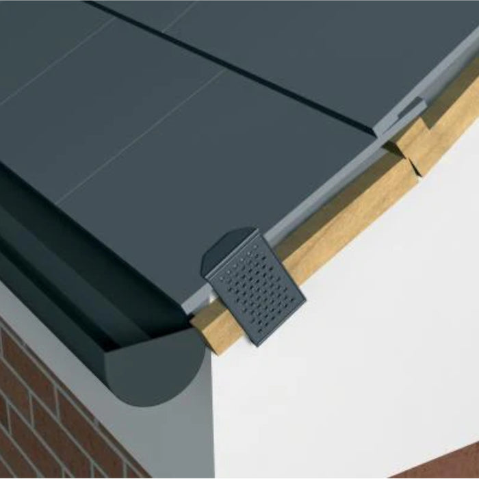 An image of a Manthorpe SmartVerge Linear Dry Verge System Fixing Clip on the eaves of a roof to show where it is installed.