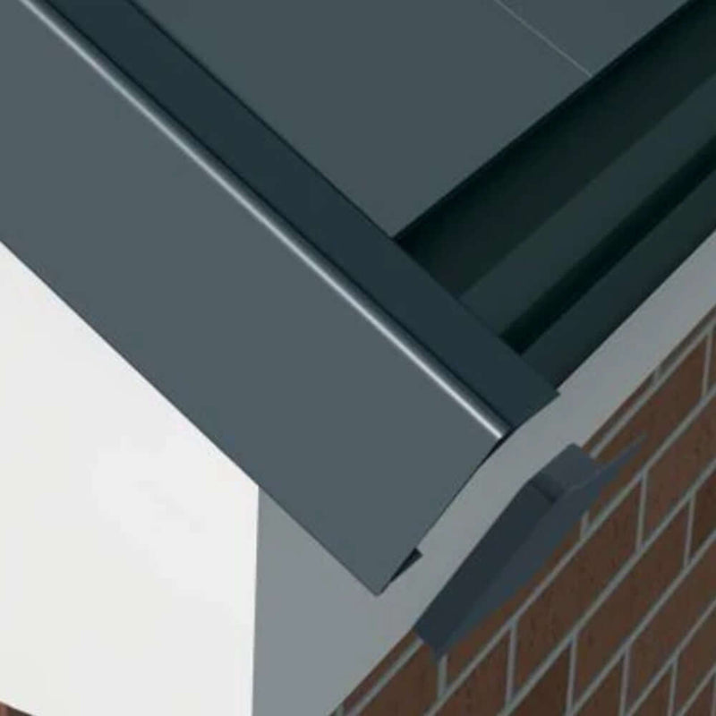 An image of a Manthorpe Linear Dry Verge Eaves End Closure Cap in Grey and where it is fitted.