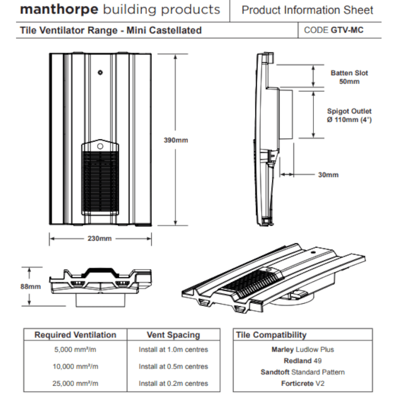An image of the dimensions of a Manthorpe Mini Castellated Tile Vent.
