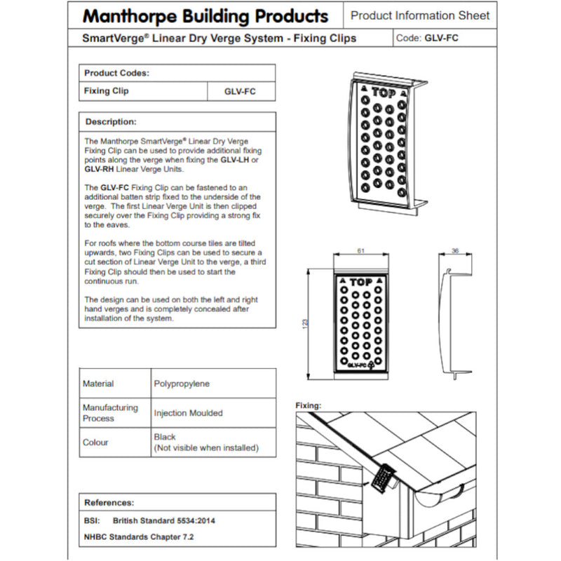 An image of a Manthorpe SmartVerge Linear Dry Verge System Fixing Clip information sheet.