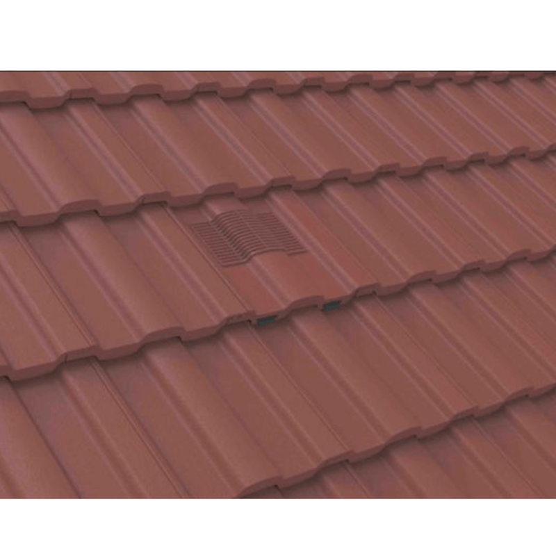 An image of Manthorpe Castellated Tile Vent in Antique Red on a roof to show the finish.
